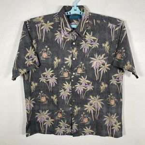 Tori Richard Shirt Mens Large Black Hawaiian Camp Cotton Lawn Floral Palms Beach
